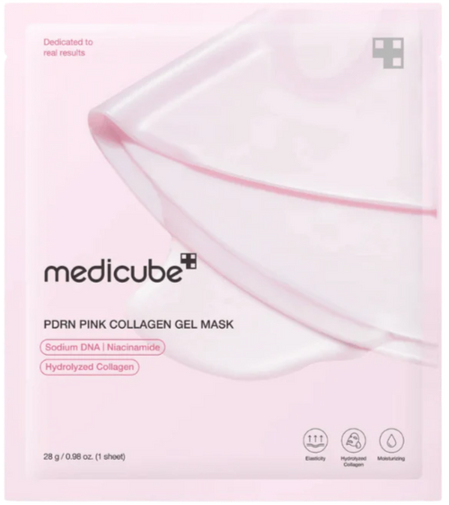 Pink collagen gel mask packaging with Medicube branding on a white background